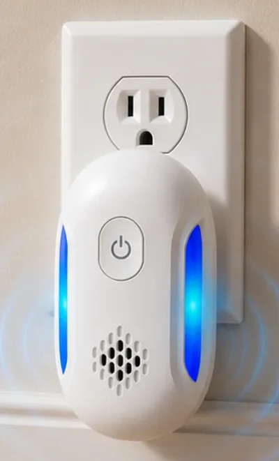 Vermix Pulse Pro ultrasonic pest repeller plugged into a wall outlet with its blue side lights on